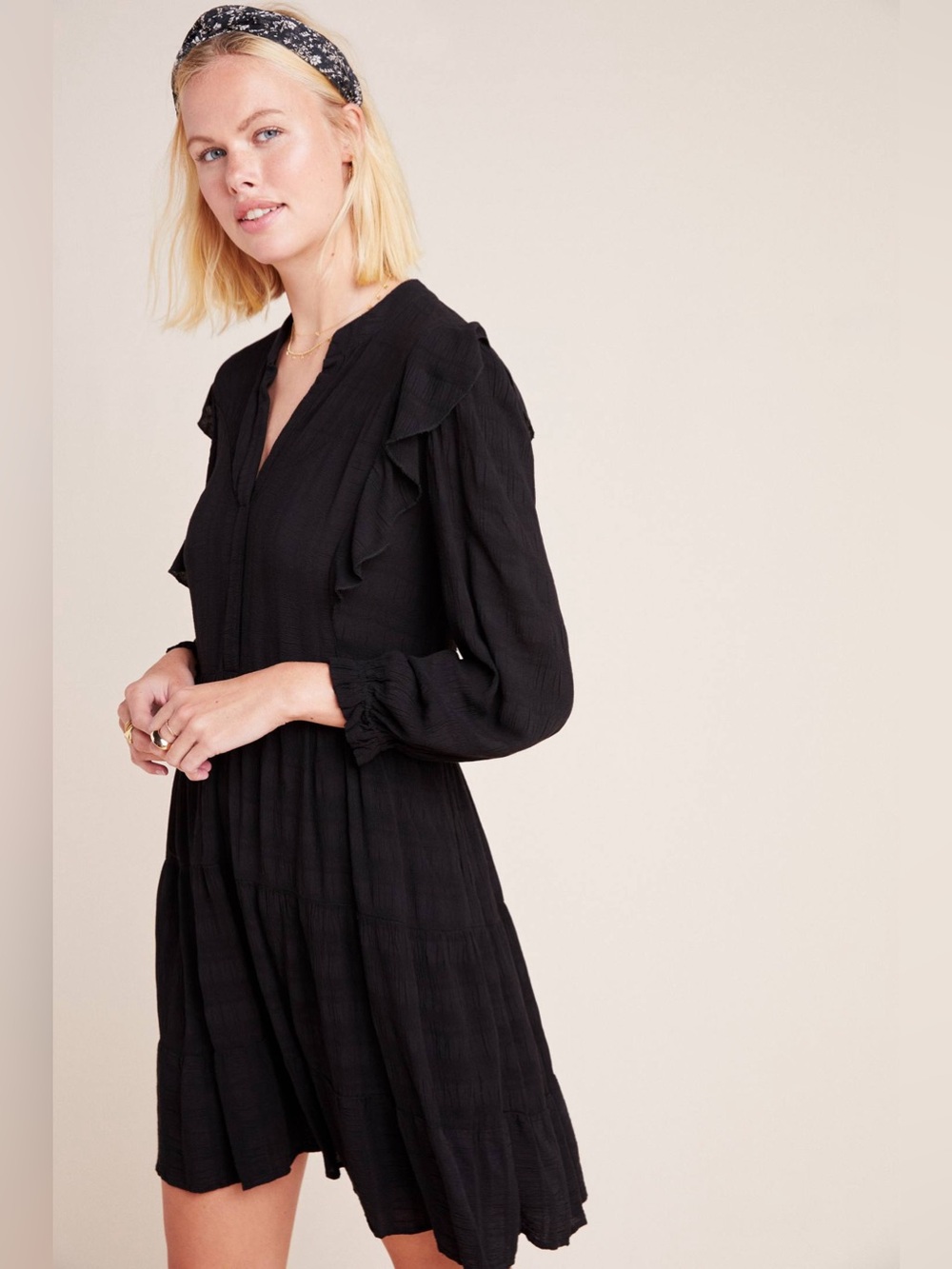 🖤Anthropologie Amadi Rossi Ruffled Tunic Dress Black S Lagenlook Minimalist EUC